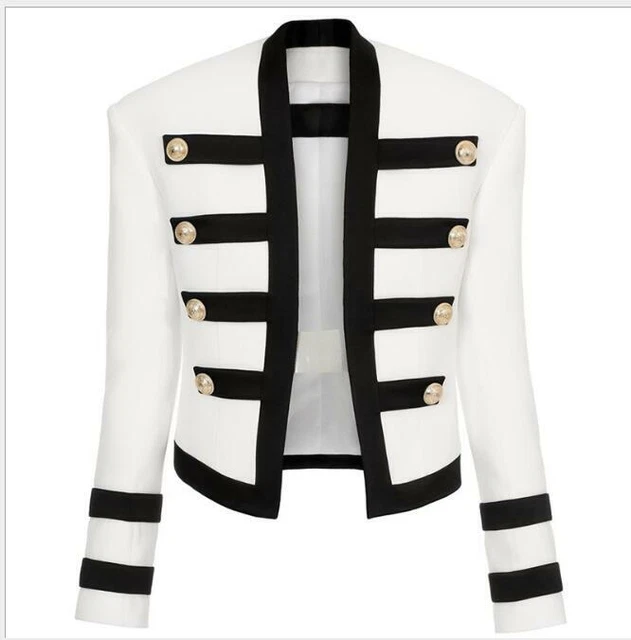 Donna Design Ispirato Aderente Blazer Nero Strisce D'Oro Bottoni Cappotto