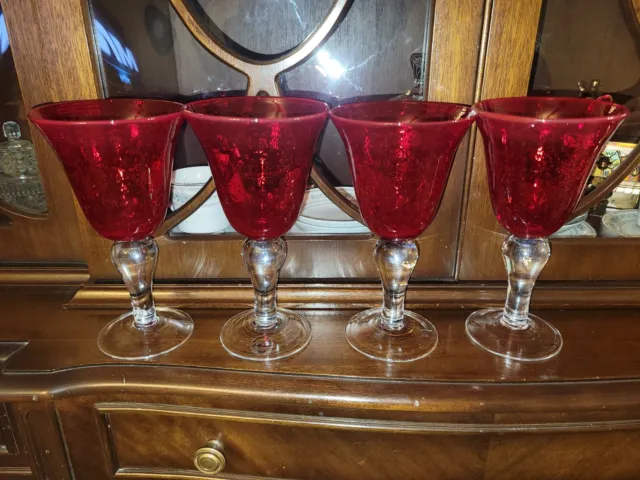 4 Large Vintage Artland Ruby Red Blown Seeded Glass Goblet Wine Glass Clear Stem