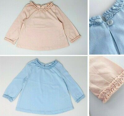 New NEXT Baby Girls Pale Blue Pink Pretty Long Sleeve Frilly Neck Cotton Top