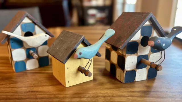 3 Primitive Signed Folk Art Hand Carved Wood Birds & Birdhouses Rustic Decor Lot