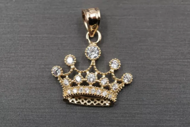 10K Solid Yellow Gold 0.9" King Queen Princess Crown CZ Charm Pendant.