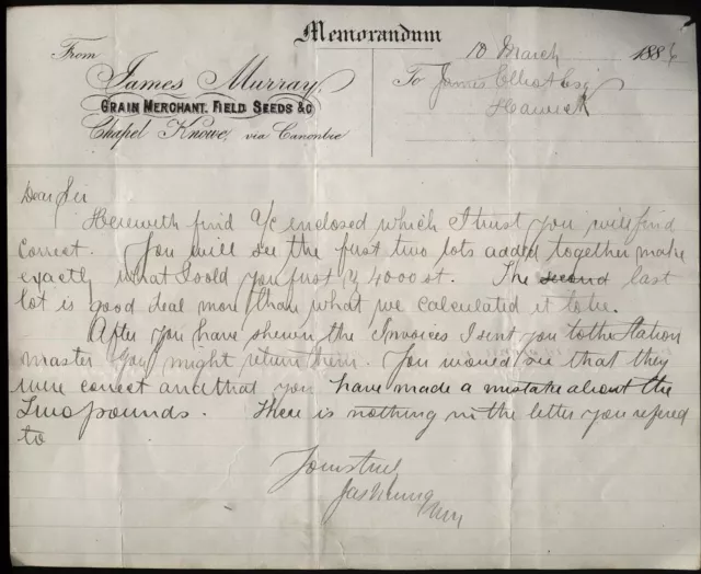 1886 CHAPEL KNOWE, Nr Canonbie, DUMFRIES James Murray, Grain & Seed Merchant