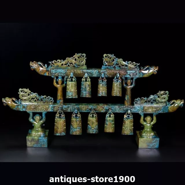 30.7" Han Dynasty Natural Hetian Jade People Dragon Beast Zhong Bell Chimes Set