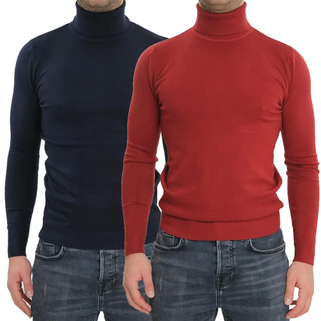 Maglione Uomo Collo Alto Rosso Blu Slim Maglioncino Dolcevita Lupetto Pullover