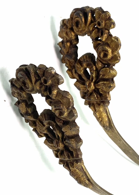 Antique Pair Of French Rococo  Style Gilded Brass Curtain Drapes Tie-backs
