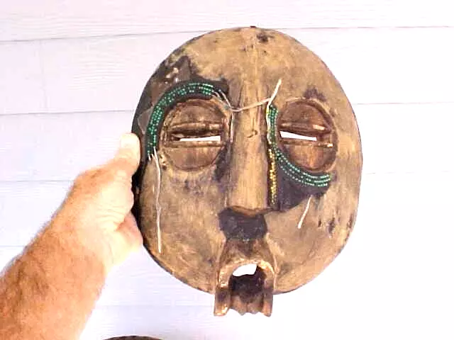 Important 1800s? AFRICAN Tribal Hand Carved Wooden Mask LARGE Round w/Beadwork