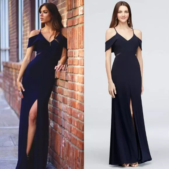 Xscape Cold Shoulder Jersey Gown with Illusion Sides Mesh Sheer Formal Dress 8