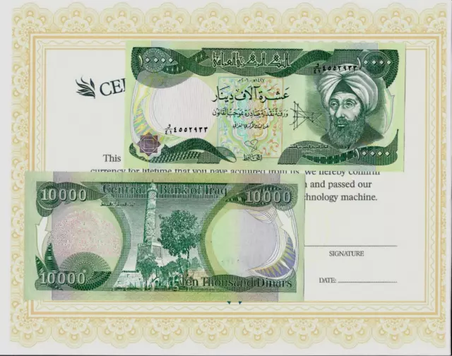 100,000 Iraq 10,000 x 10 Note / 10000 Iraqi Dinar 1/10 Million UV Light Pass COA