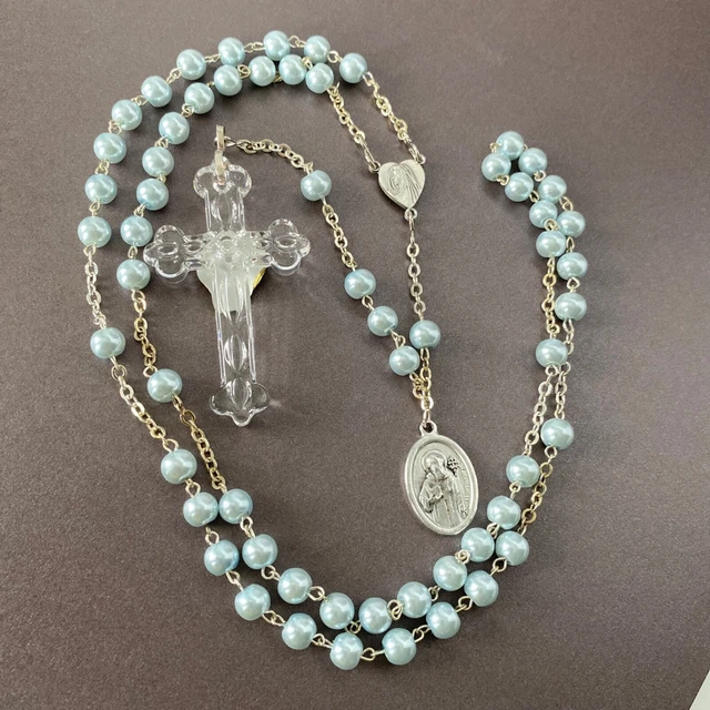 New Waterford Blue Rosary with Crystal Celtic Cross Tranquility Glass Beads Box
