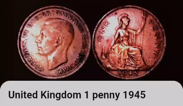 1945 Britain One Penny Coin United Kingdom BONUS OFFERS. King George VI. 1 Penny