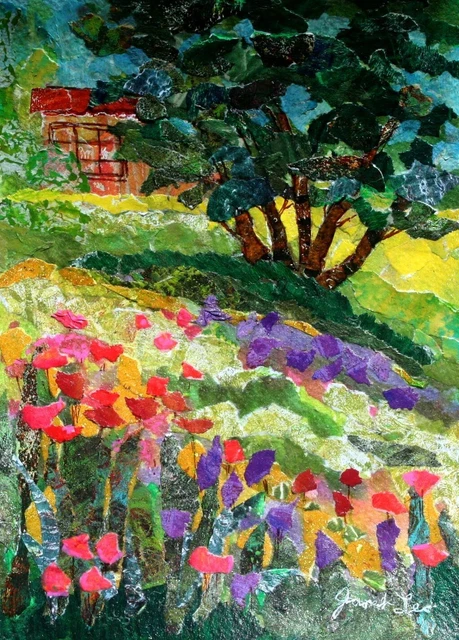 JANET LEO  sfa   ORIGINAL MIXED MEDIA  collage HAPPY GETAWAY  landscape