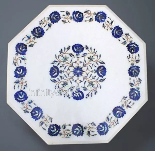 Octagon Marble Hotel Center Table Top Lapis Lazuli Stone Inlay Work Coffee Table