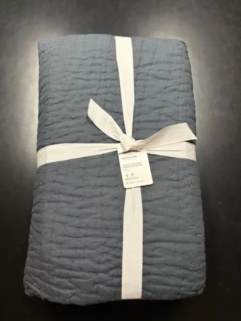 Pottery Barn PB Belgian Flax Linen Handcrafted Quilt King Cali King Steel Blue