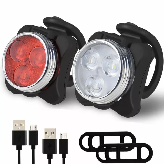 USB Rechargeable 3 LED Night Bike Lights Set Front & Rear Mountain Bicycle Light