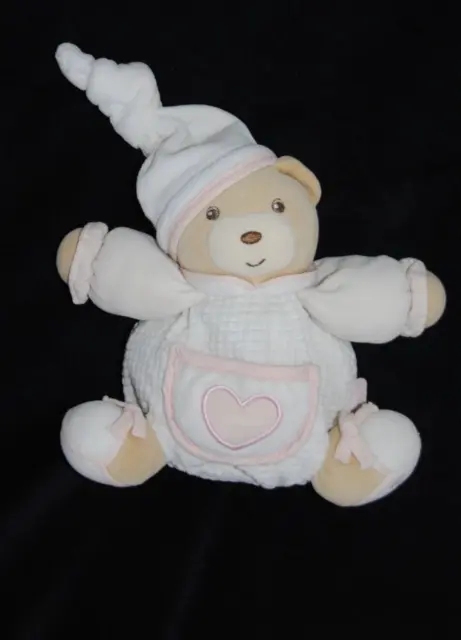 Doudou ours blanc poche cœur rose KALOO 2004 boule hochet grelot bonnet 17 cmTBE