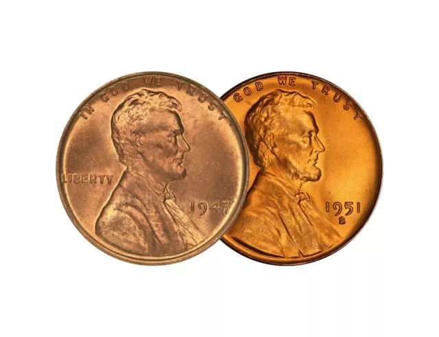 1947 P & 1951 S Lincoln Wheat Cent Choice BU 1c Brilliant Uncirculated - 2 Set