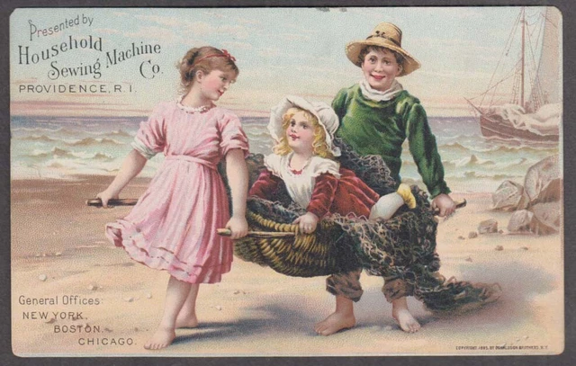 Household Sewing Machine trade card 1895 kids carry child in fisherman's basket