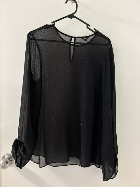 Cue Black Long Sleeve Sheer  Blouse Size 12 Party Gems