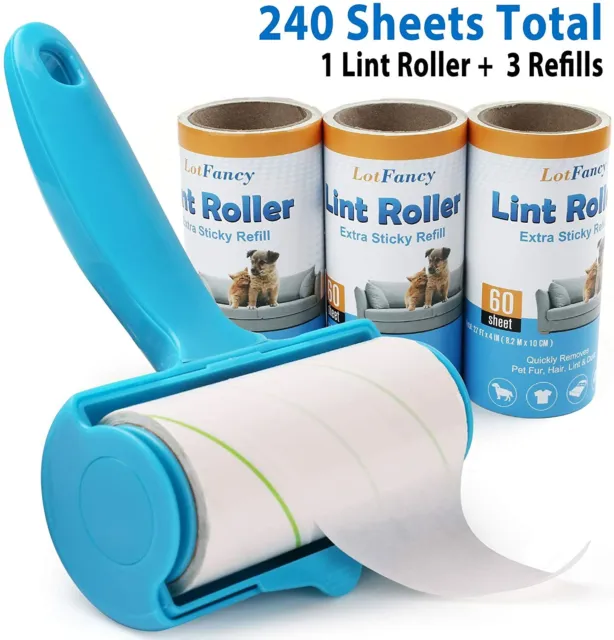 Extra Sticky Lint Roller Set 240 Sheets Pet Dog Cat Hair Removal Brush Remover
