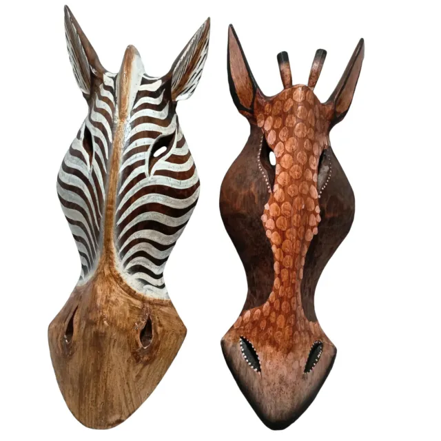 Two Brown Horses Wood Masks Safari Handcraft Jungle Animal Mixed Wall Sculpture