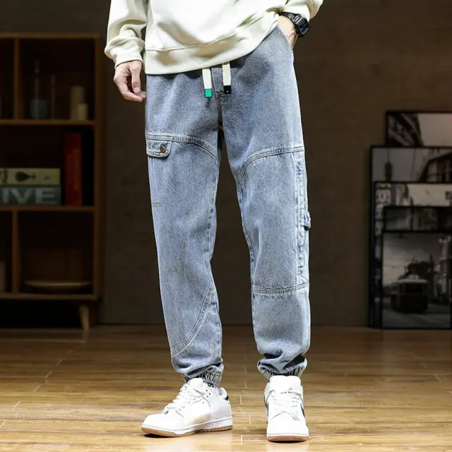 Uomo Cargo Pantaloni Denim Affusolato Casual Jeans Larghi Hippie Moda Comfort