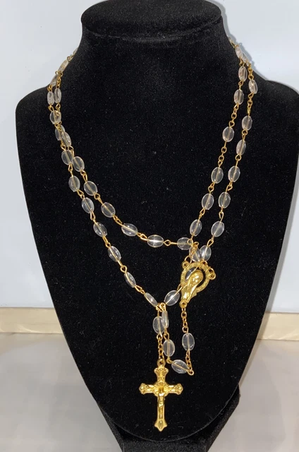 Lady Of Lourdes Rosary Gold Tone Clear Beads Crucifix Necklace - New