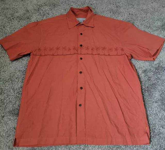 Quicksilver Edition sz Lg Orange Button Up Shirt Palm Trees Hawaiian Embroidered