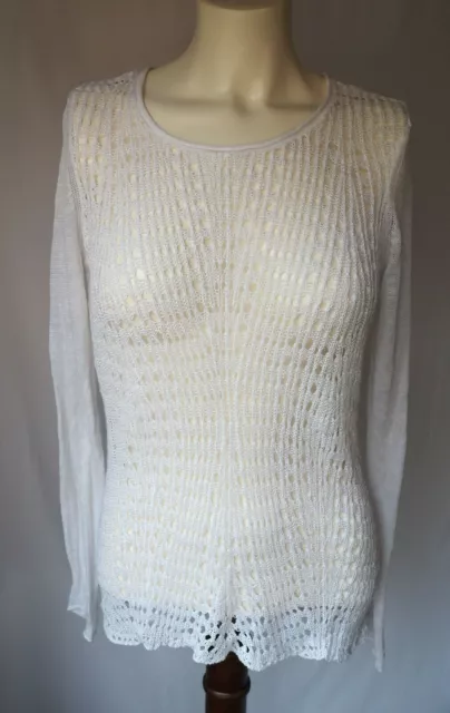 Eileen Fisher 100% Organic Linen Sweater Crochet Open Knit White Size L