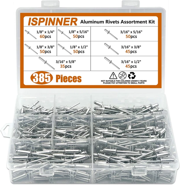 ISPINNER 385pcs 8 Sizes Aluminum Blind Rivets Pop Rivets Assortment Kit Silver