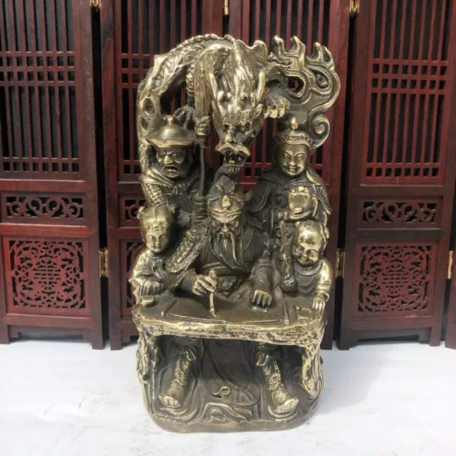 CHINESE old Bronze HANDMADE Copper carven GUAN GONG DRAGON Statue