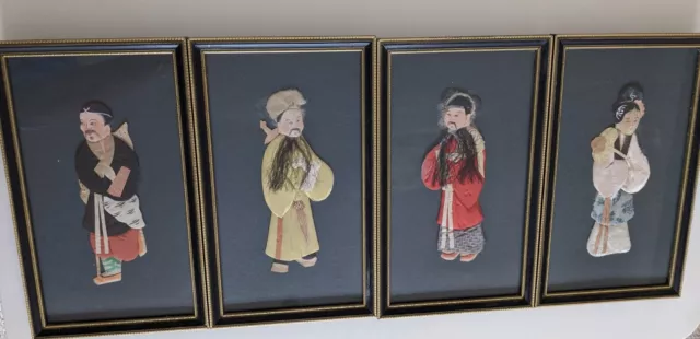 Set of 4 Chinese Applique 3D Figural Panels, Silk, Fabric, Framed c.1930