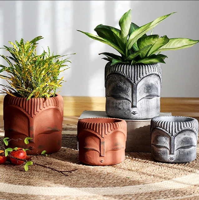 Cement Vase Silicone Flower Pot Molds Cute Human Face Buddha Head Planter Mould