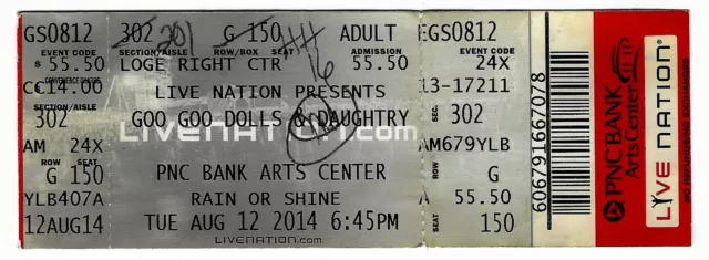 Goo Goo Dolls & Daughtry 8/12/14 Holmdel NJ PNC Bank Arts Center Rare Ticket!