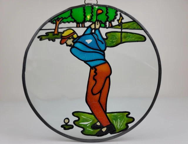 Vintage Stained Glass Window Sun Catcher Wall Hanging Golfer Leaded 8" Art