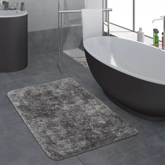Moderner Hochflor Badezimmer Teppich Einfarbig Badematte Rutschfest In Grau