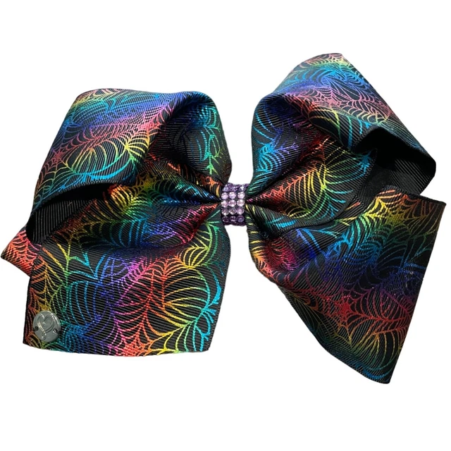 JoJo Siwa Girls Rainbow Spiderweb Clip On Bow 7"x6" Purple Rhinestones Halloween