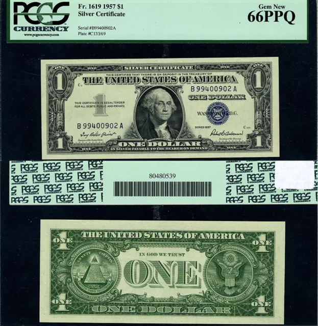 FR. 1619 $1 1957 Silver Certificate B-A Block Gem PCGS CU66PPQ -Ridiculous Grade