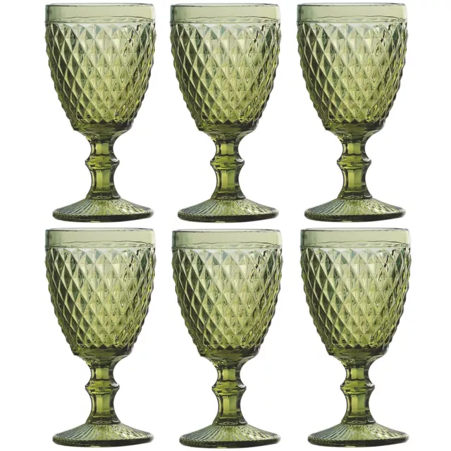 Green Drinking Wine Glasses set of 6 Vintage Glassware Colored Water Goblets