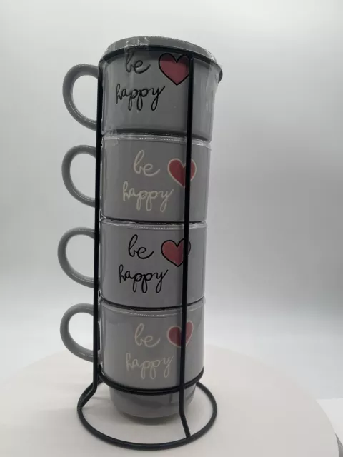 Set Of 4 Signature Housewares "Be Happy" Coffee Tea Mugs with stand Never used