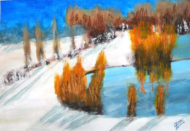 original Aquarell/Acryl/Öl Bild " winter sonne schnee landschaft" 21x30