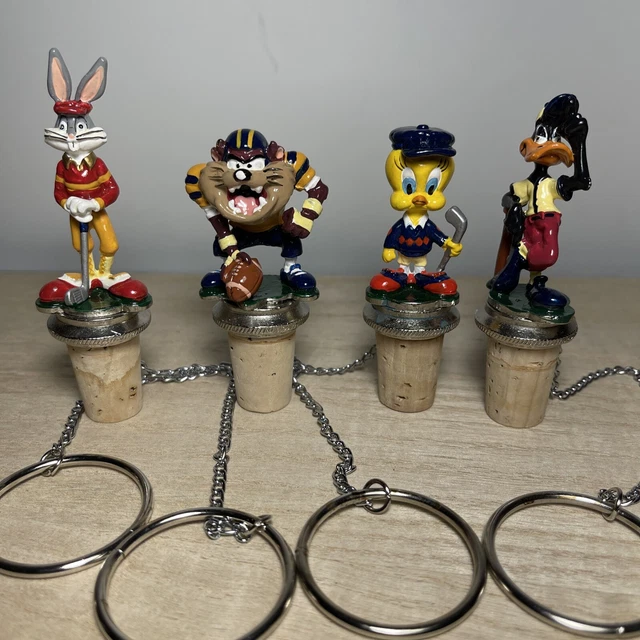 4 Looney Tunes Acme Sport Hand Painted & Carved Bottle Stopper Pewter 1993 W/box