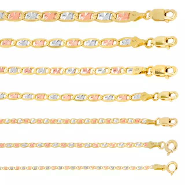 14K Solid Yellow Rose White Tri Gold 1.5mm-6mm Valentino Chain Necklace 16"- 26"