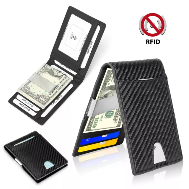 Leather Bifold Slim Men's Wallet Carbon Fiber RFID Blocking Case with Money Clip