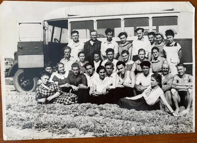 Handsome guys and girls near the bus, naked torso, gay int Vintage photo