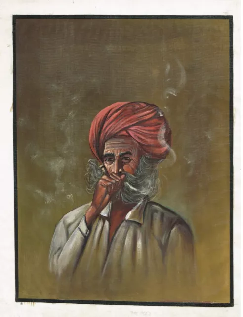 Fait à la Main Indien Art Peinture Un Vieil Homme Fumer Hookah 30.5x36.8cm