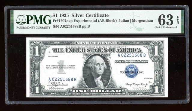 DBR 1935 $1 Silver Experimental Gem Fr. 1607exp PMG 63 EPQ Serial A02251688B
