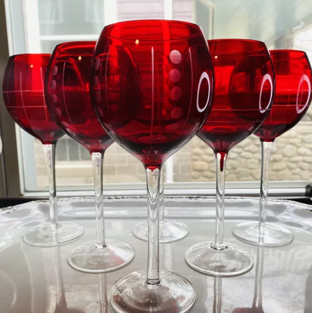 Pier 1 Ruby Red Balloon Wine Glass Cut To Clear Dot Line Swirl Set Of 6