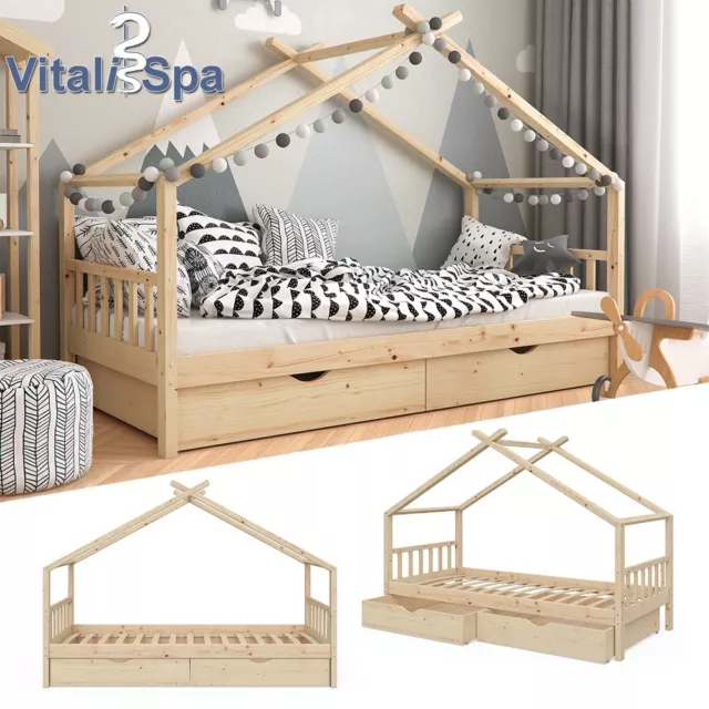 Lit pour enfant Lit d'appoint Lit cabane Design naturel 90x200 cm VitaliSpa