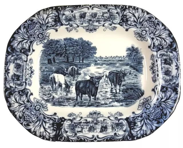 ANTIQUE 1890's WEDGWOOD FLOW BLUE COW PLATTER 17" CATTLE STEER PLATE