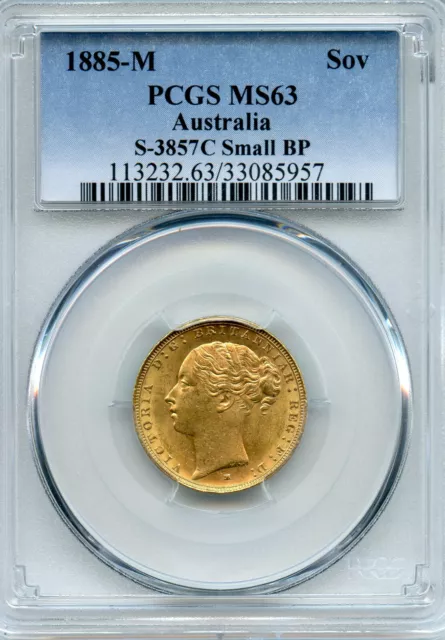 AUSTRALIA 1885 M Gold Sovereign  Young Head Queen Victoria PCGS MS63 good luster